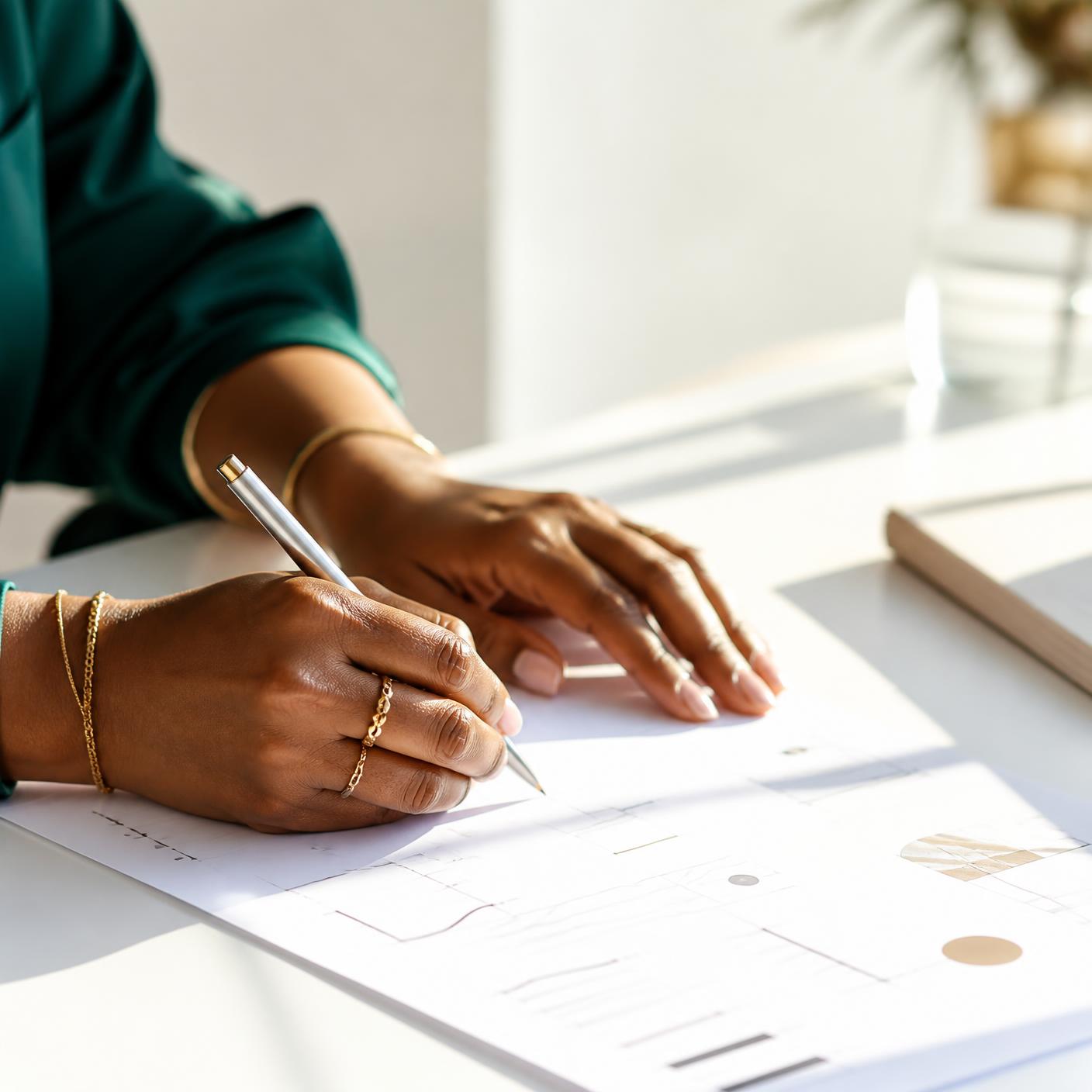 Close-up of a Black woman's hands writing notes on clean documents at a white desk in bright daylight, emerald sleeve and fine gold jewellery