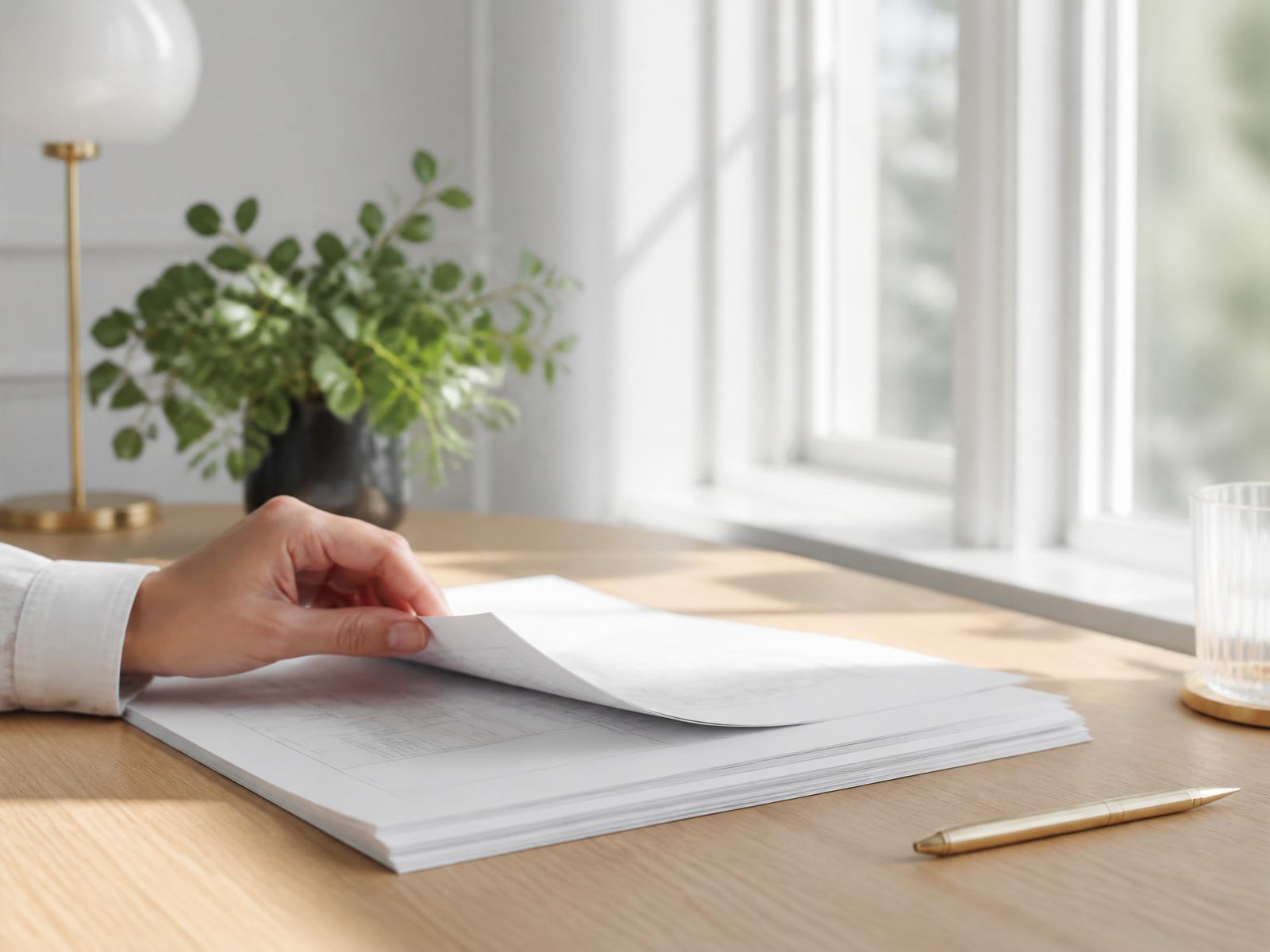 A hand turning a page of the printed position paper on a light oak desk beside a bright window, with a green plant behind