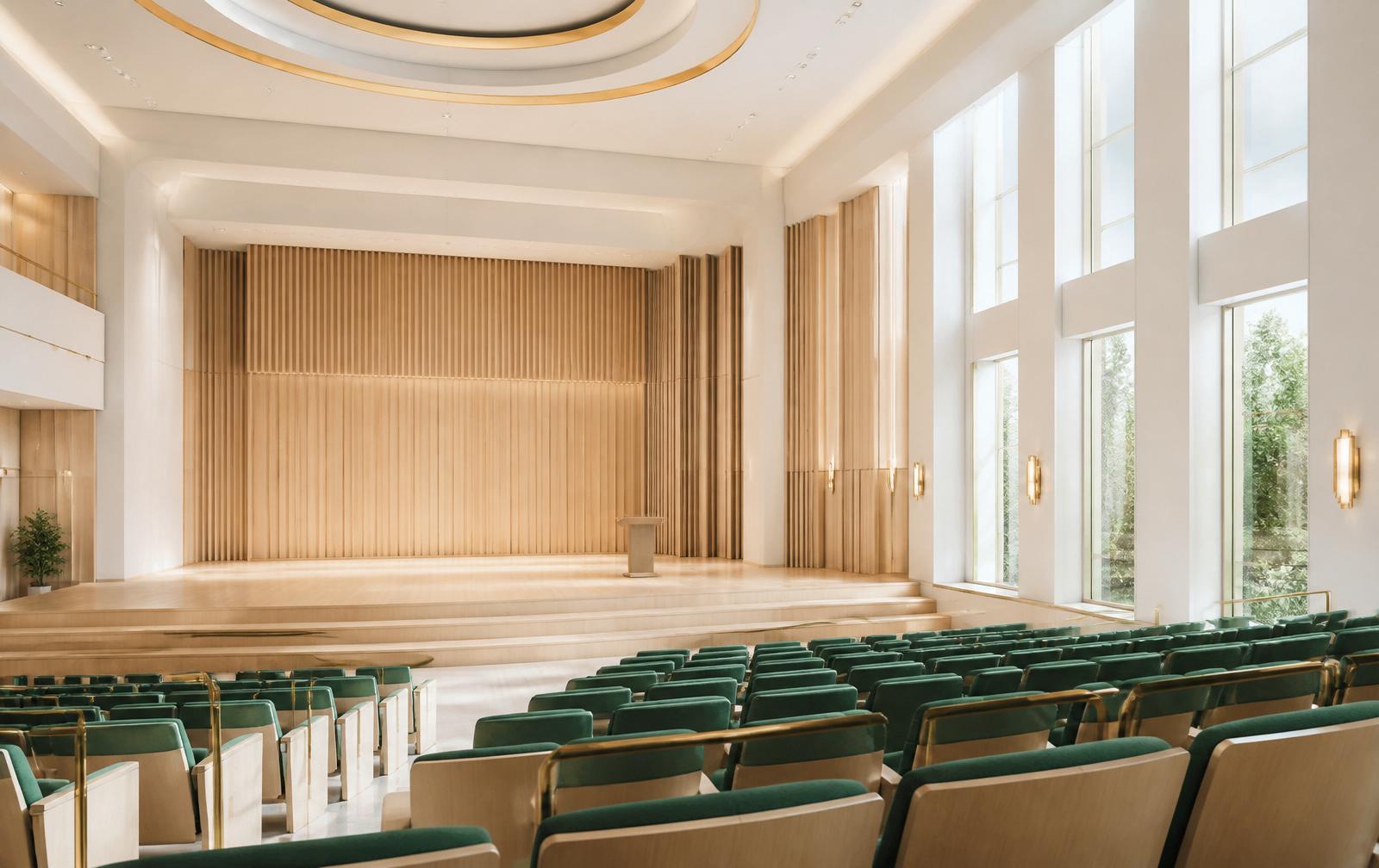 A bright modern auditorium seen from the audience, daylight through tall windows, blond wood stage and green seating