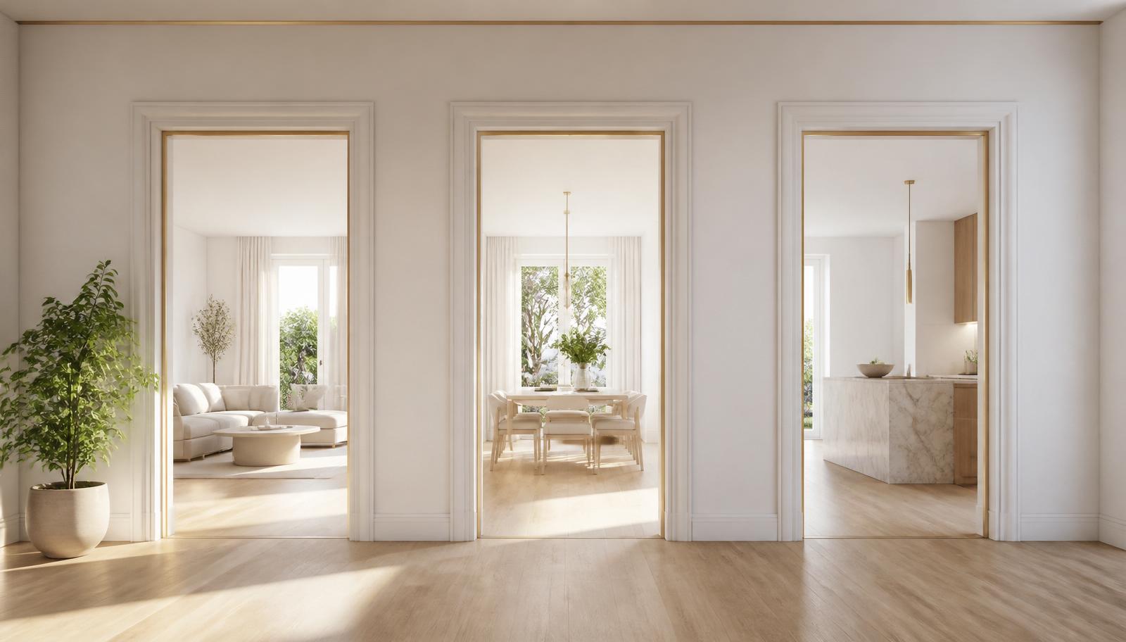 Three open doorways in a row in a bright white modern interior, daylight streaming through each onto a light wood floor