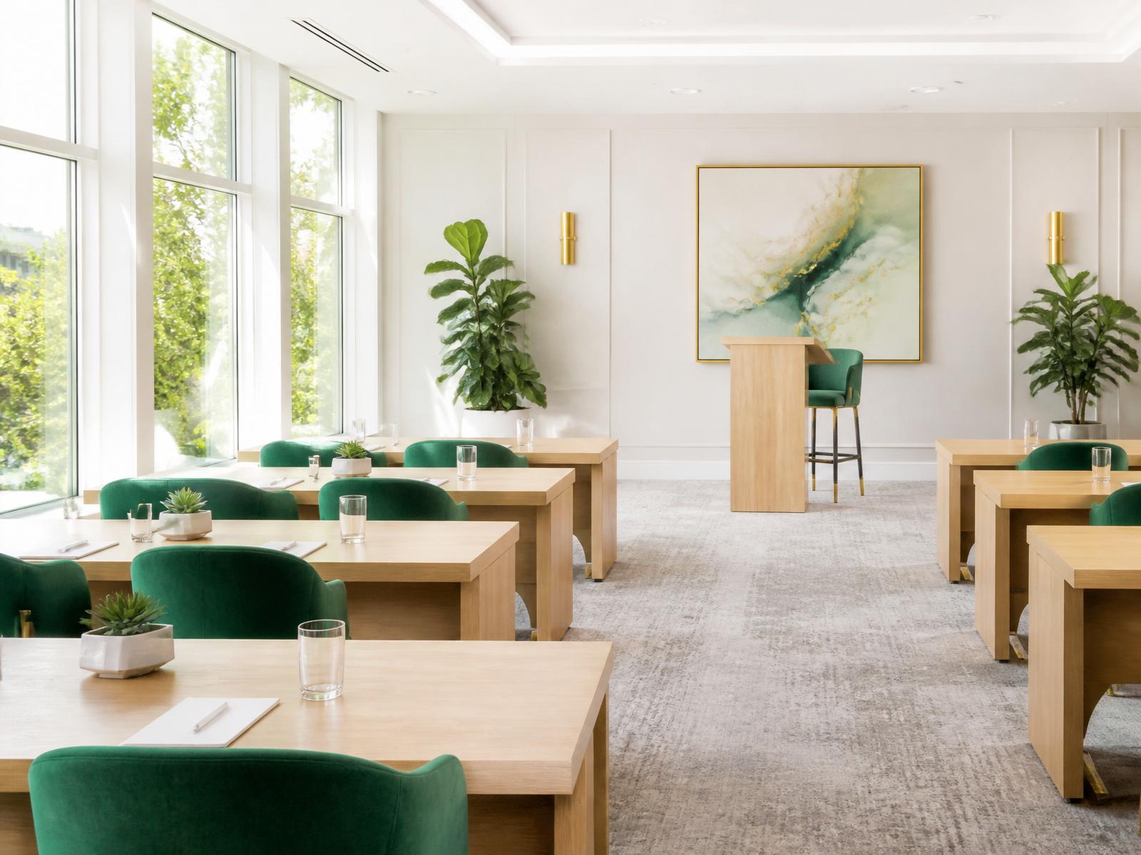 A bright modern training room in daylight with light wood tables, green chairs and an empty presenter position